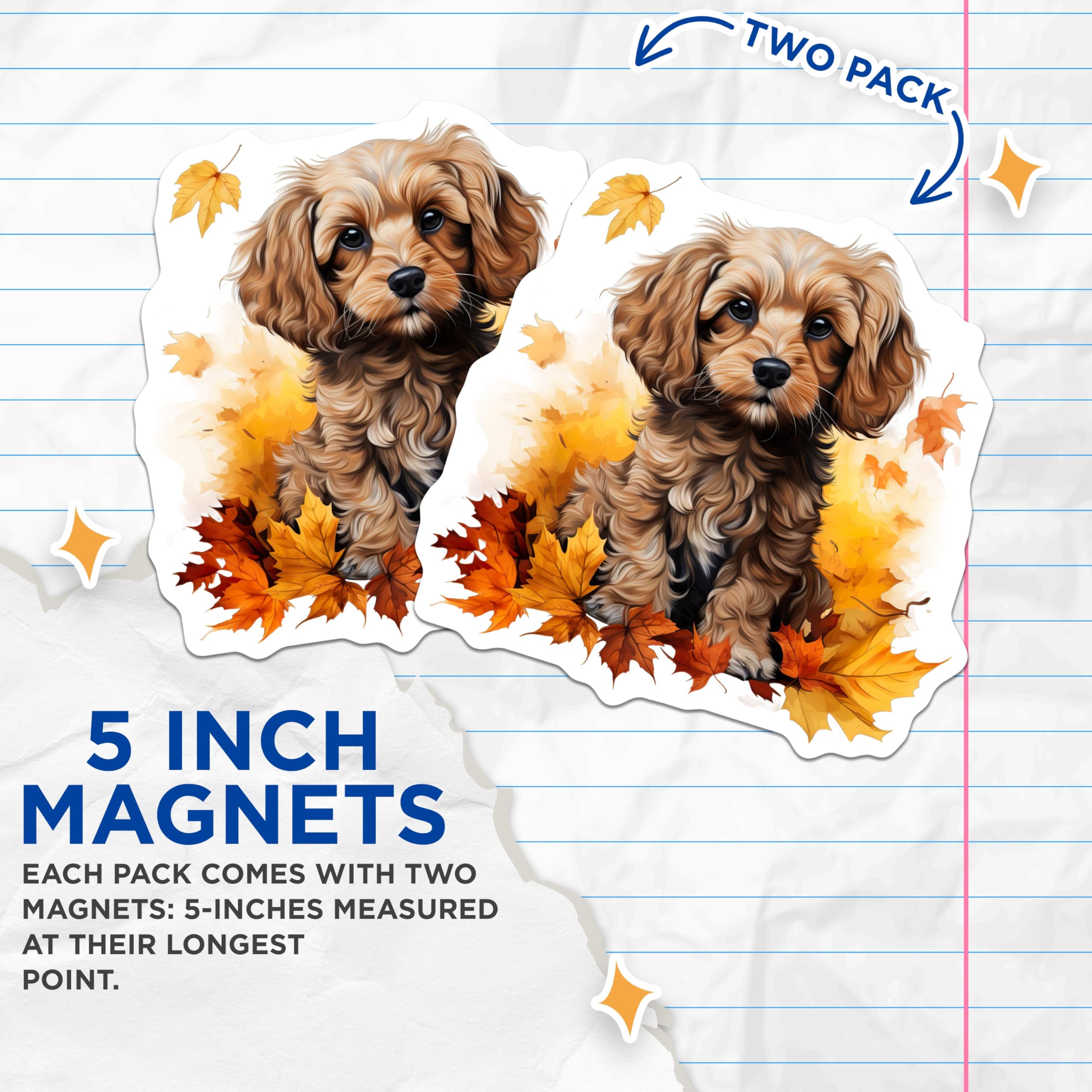 (2 Pack) Adorable Puppy Magnets - Fall Dog Lover Decor - Cozy Autumn Refrigerator Accent - 5 Inches On Longest Side - Thick Durable Magnet - Made in USA - MAG28109