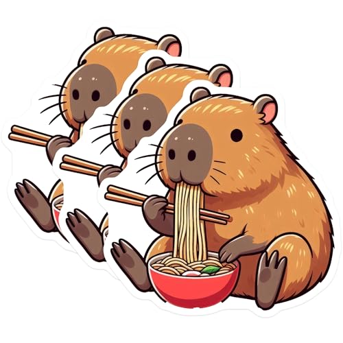 (3 Pack) Capybara Ramen Decals - Cute Animal Stickers - Laptop Decals - 3 Inches On Longest Side - Easy Peel & Apply - Made in USA - 3MCS8674