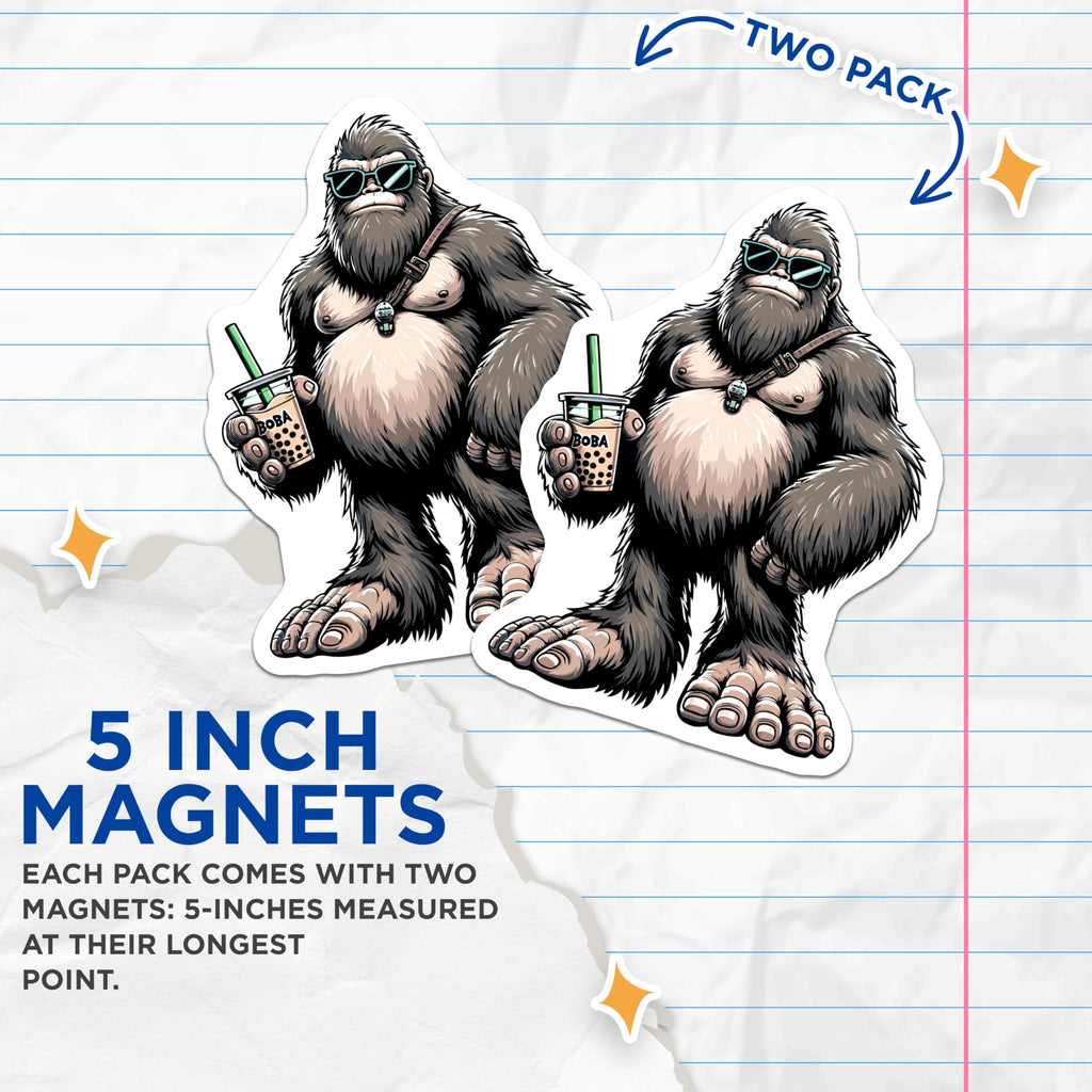 (2 Pack) Bigfoot Boba Tea Magnets - Sasquatch Bubble Tea - Cryptozoology Refrigerator Decor - Funny Mythical Creature Art - 5 Inches On Longest Side - Thick Durable Magnet - Made in USA - MAG23215