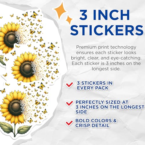 (3 Pack) Sunflower Butterfly Decals - Floral Stickers - Laptop Decal - 3 Inches On Longest Side - Easy Peel & Apply - Made in USA - 3MCS6741