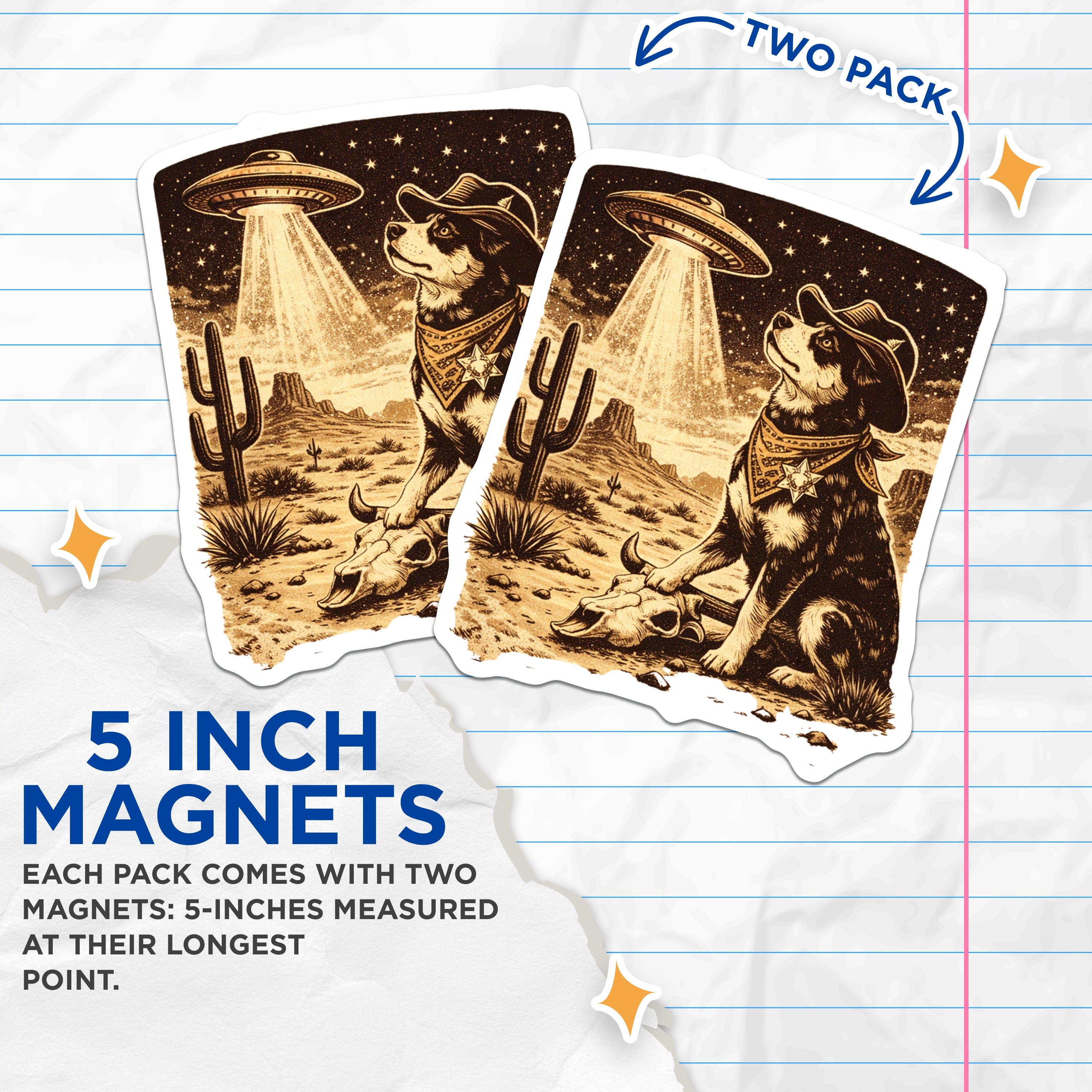 (2 Pack) Cowboy Dog UFO Magnets - Western Alien Abduction - Funny Fridge Decor Magnets - 5 Inches On Longest Side - Thick Durable Magnet - Made in USA - MAG39812