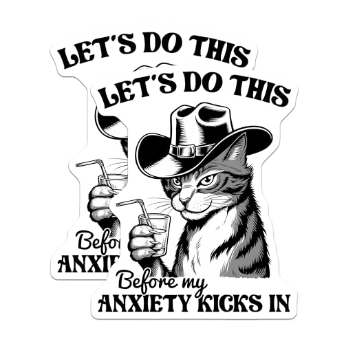 (2 Pack) Cat with Hat Stickers - Anxiety Meme - Funny Cat - 5" On Longest Side - Sticks to Smooth Flat Surfaces - Made in USA - BMCS7666