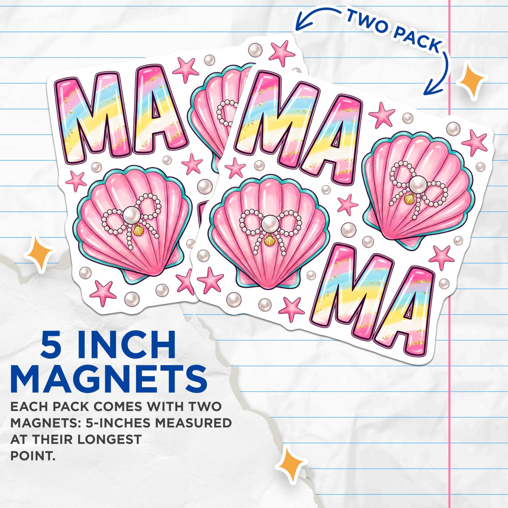 (2 Pack) Mama Mermaid Magnets - Pink Seashell Decor - Pastel Glitter Ocean Vibe - 5 Inches On Longest Side - Thick Durable Magnet - Made in USA - MAG24792