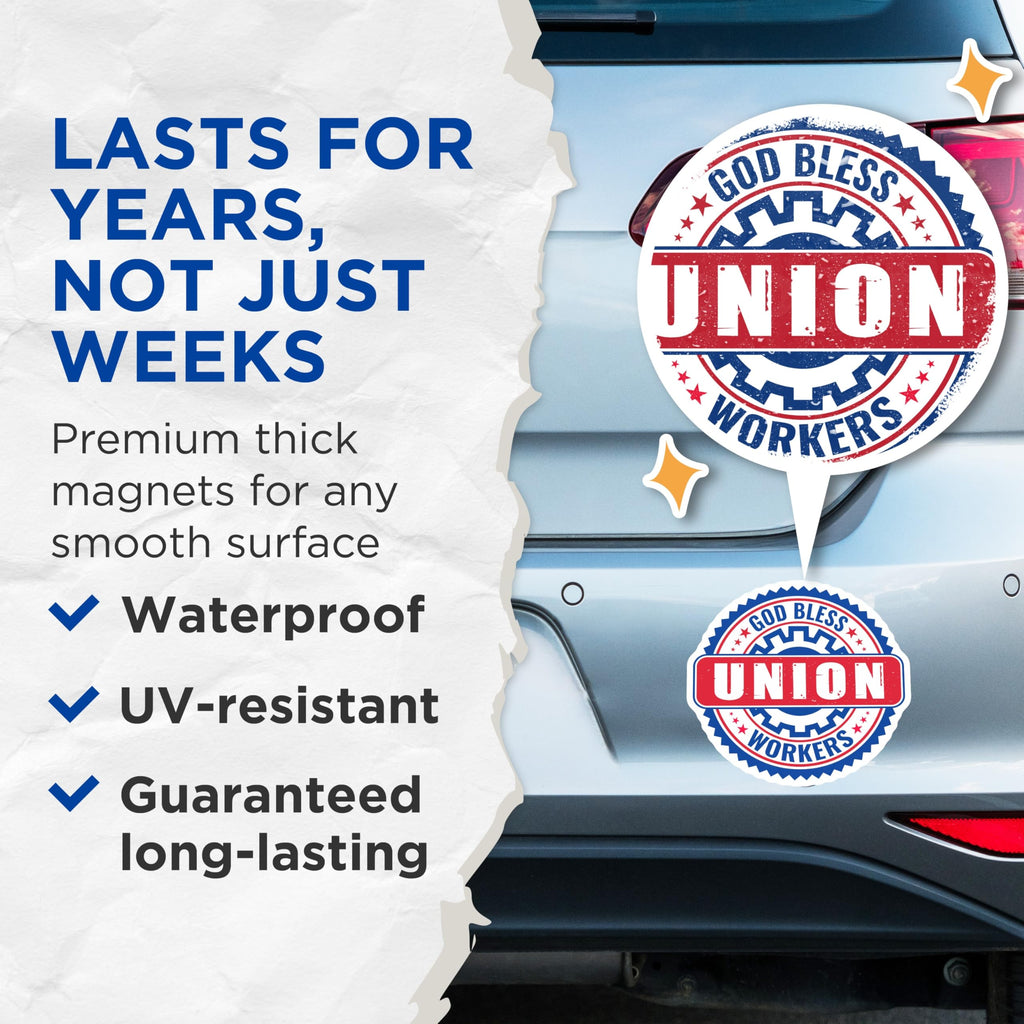 (2 Pack) Union Workers Magnets - Labor Day Decor - God Bless Union - Pro Union - 5" On Longest Side - Premium Magnet - for Cars, Refrigerators, Toolboxes, Lockers - Made in USA - MAG17784