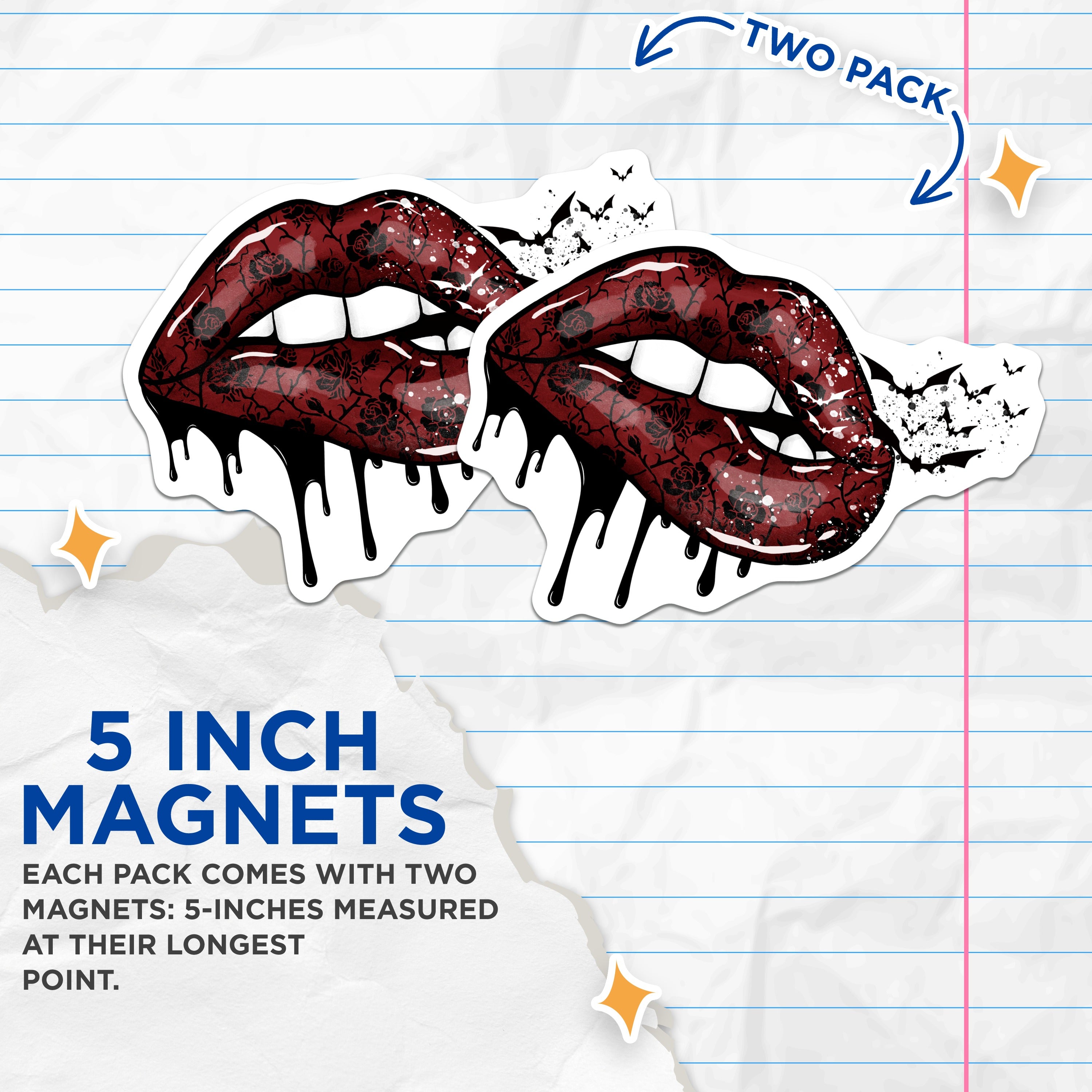 (2 Pack) Gothic Lips Magnets - Vampire Bat Decor - Dark Aesthetic Fridge Art - Spooky Halloween Goth Accessory - 5 Inches On Longest Side - Thick Durable Magnet - Made in USA - MAG38513