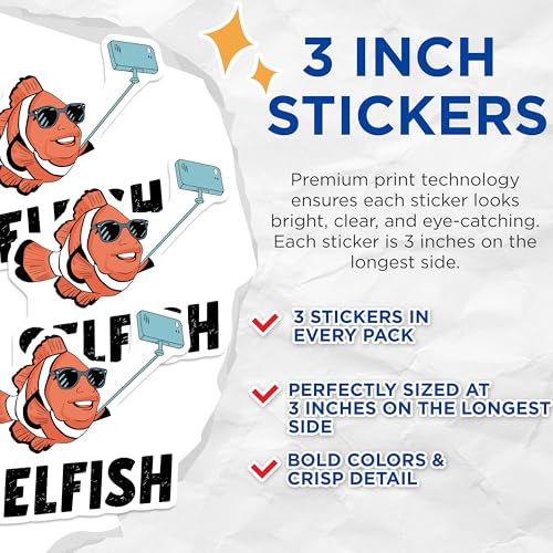 (3 Pack) Selfish Fish Decals - Funny Animal Decal - Laptop Decals - 3 Inches On Longest Side - Easy Peel & Apply - Made in USA - 3MCS4364