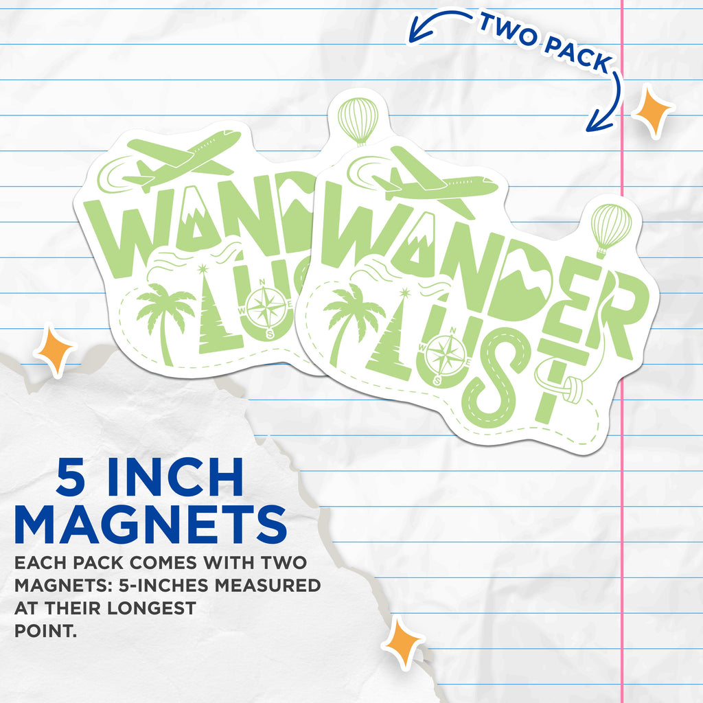 (2 Pack) Wanderlust Adventure Magnets - Travel Theme Decor - Explorer Souvenir - Refrigerator Art - 5 Inches On Longest Side - Thick Durable Magnet - Made in USA - MAG38124