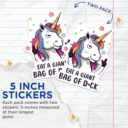 (2 Pack) Eat A Giant Bag of Dck Stickers - Unicorn Attitude - Funny Unicorn - 5" On Longest Side - Sticks to Smooth Flat Surfaces - Made in USA - BMCS7800