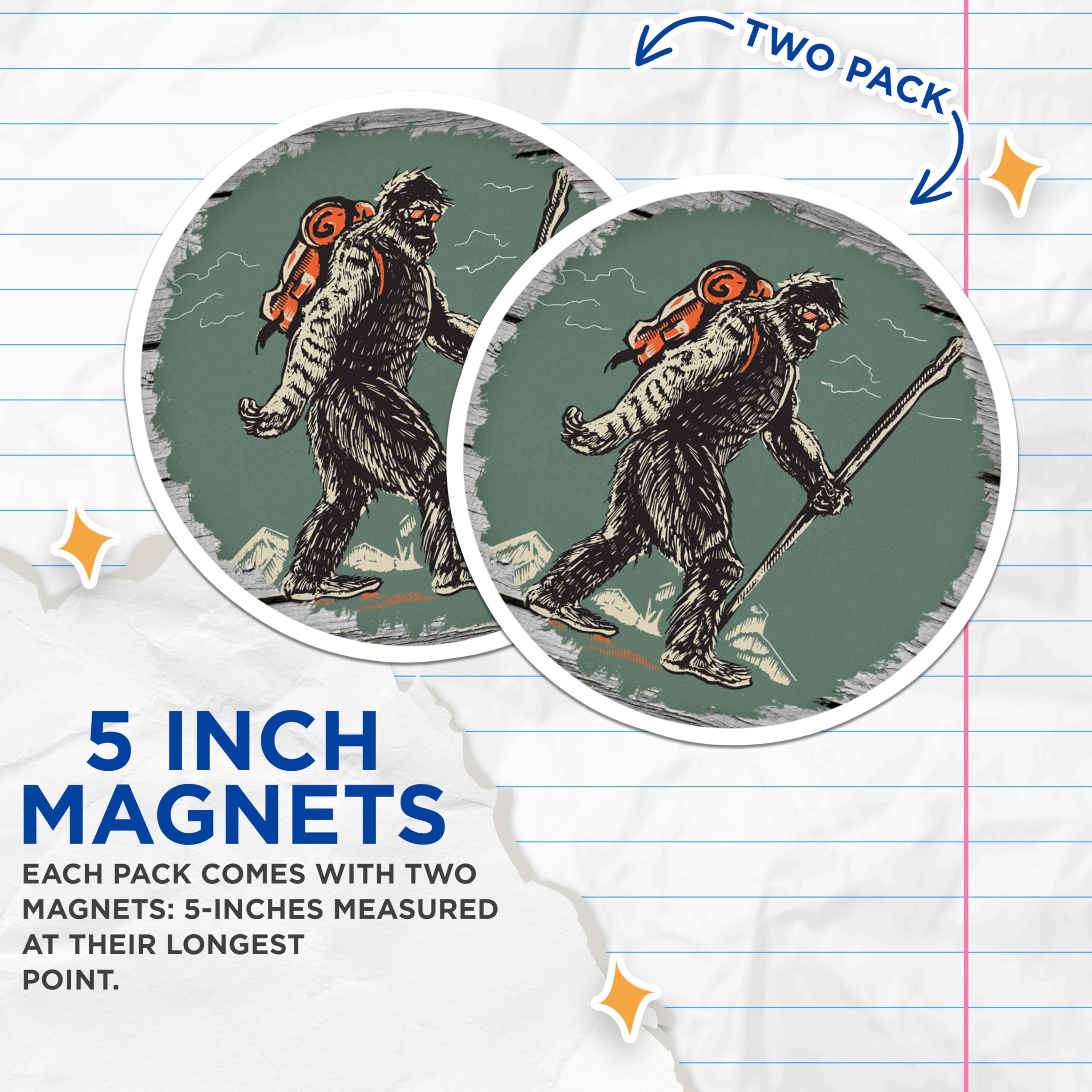(2 Pack) Bigfoot Hiker Magnets - Outdoors Adventure Decor - Cryptid Sasquatch Fan - 5 Inches On Longest Side - Thick Durable Magnet - Made in USA - MAG30805