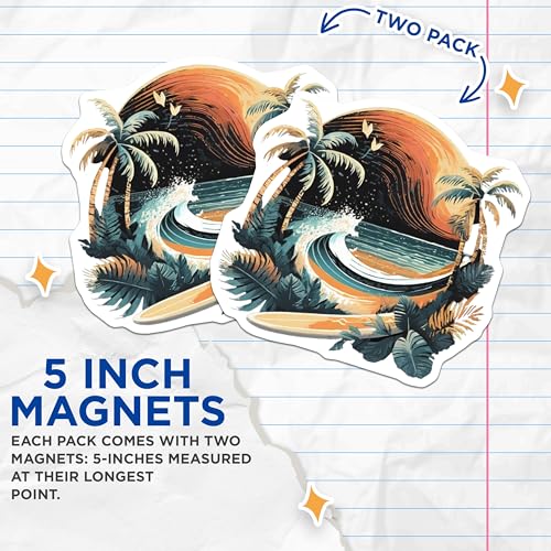 (2 Pack) Surfing Beach Magnets Magnets - Coastal Decor - Tropical Beach Scene - 5" On Longest Side - Made in USA - Sticks to Refrigerators & Metal Surfaces - MAG9259