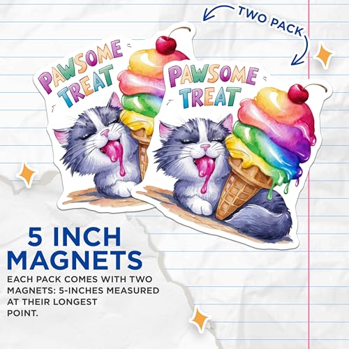 (2 Pack) Pawsome Treat Cat Magnets Magnets - 5" On Longest Side - Made in USA - Sticks to Refrigerators & Metal Surfaces - MAG9050