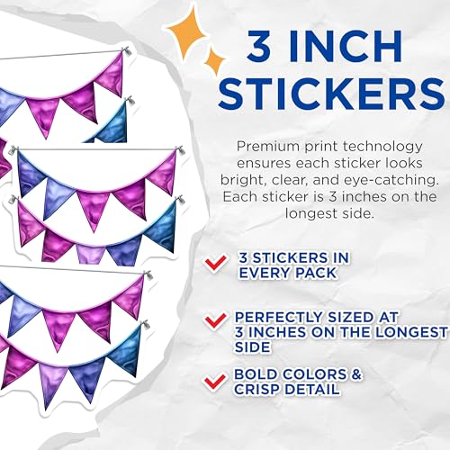 (3 Pack) Party Pennant Decals - Celebration Banner - Triangle Flags Decor- 3 Inches On Longest Side - Easy Peel & Apply - Made in USA - 3MCS5541