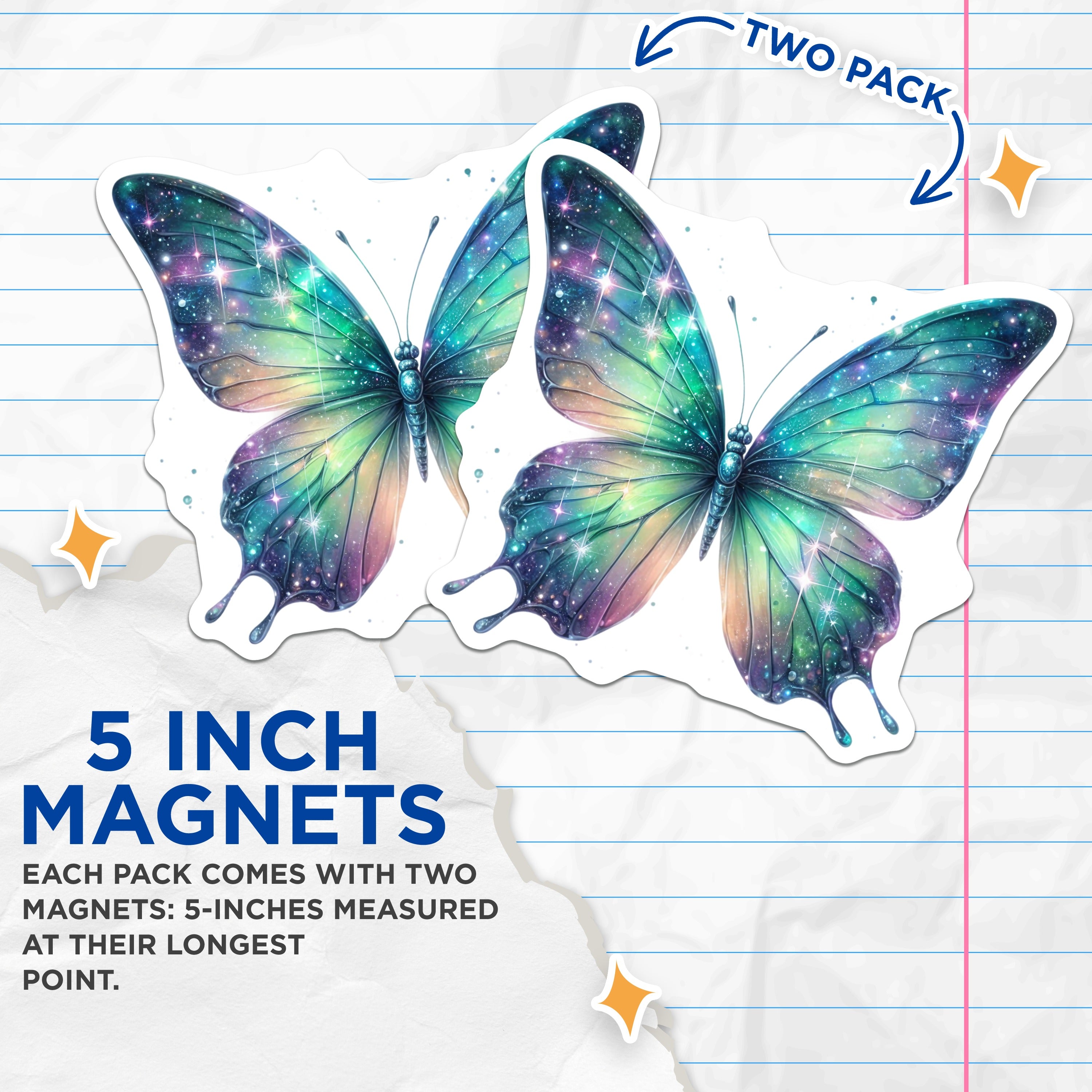 (2 Pack) Galaxy Butterfly Magnets - Celestial Fridge Decor - Cosmic Art Locker Decor - Iridescent Fairycore Decor - 5 Inches On Longest Side - Thick Durable Magnet - Made in USA - MAG38274