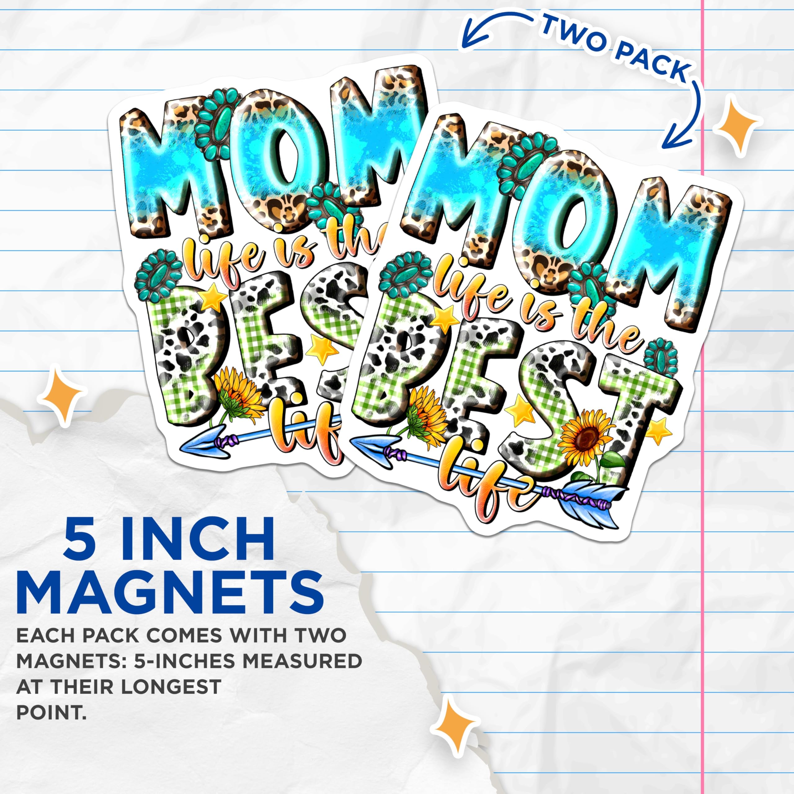 (2 Pack) Mom Life Magnets - Western Country Style - Leopard Cow Print - Sunflower Turquoise Decor - 5 Inches On Longest Side - Thick Durable Magnet - Made in USA - MAG25291