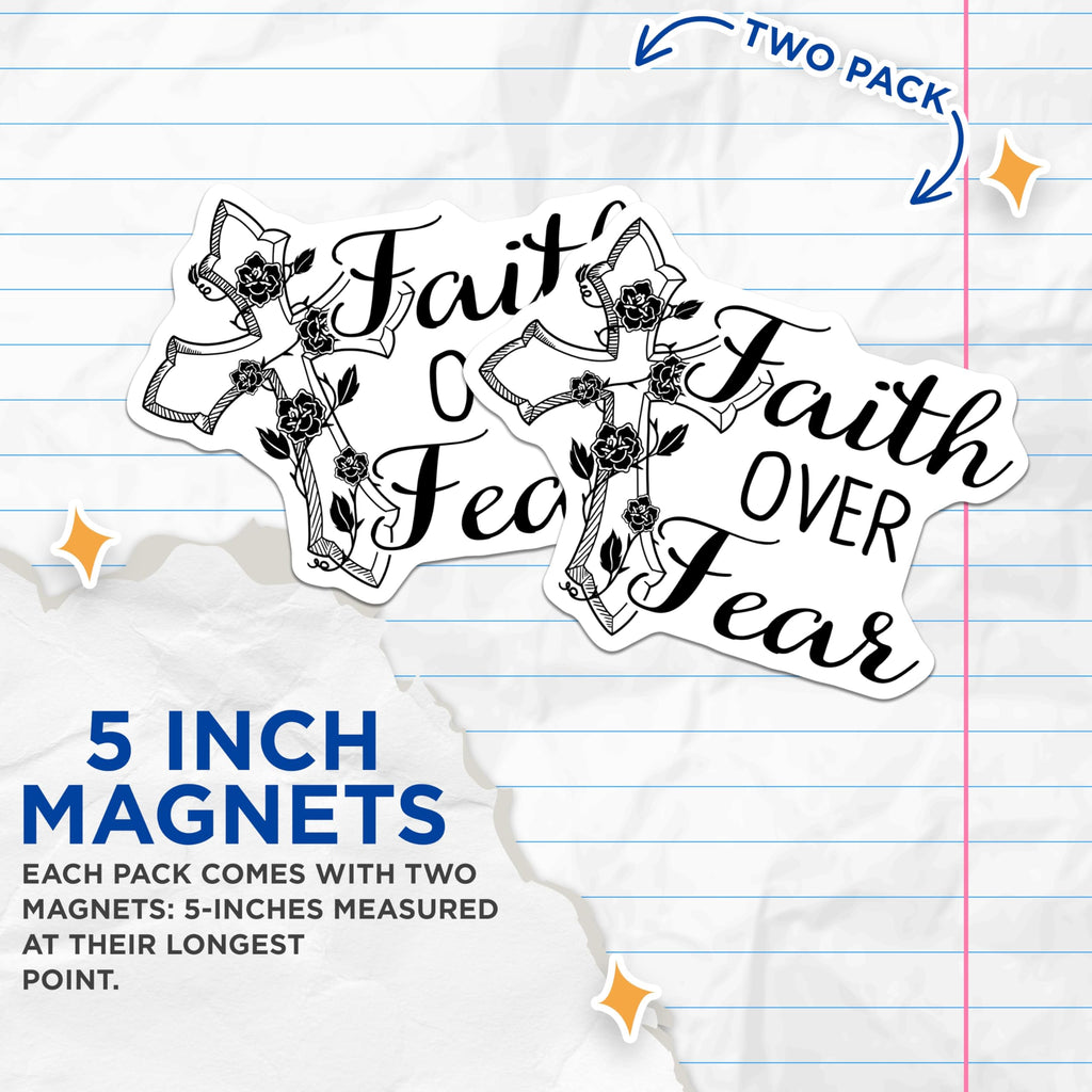 (2 Pack) Faith Over Fear Magnets - Floral Cross - Religious Decoration - 5" On Longest Side - Premium Magnet - for Cars, Refrigerators, Toolboxes, Lockers - Made in USA - MAG16657