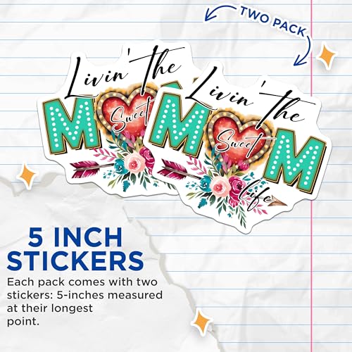 (2 Pack) Mom Life Stickers - Livin' The Mom Life - Sweet Heart Floral Art - 5" On Longest Side - Sticks to Smooth Flat Surfaces - Made in USA - BMCS7715