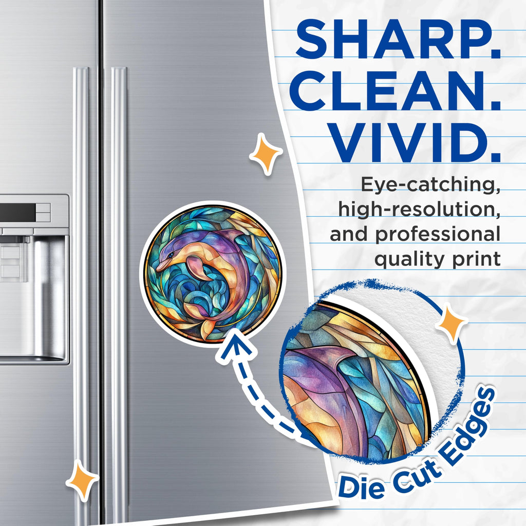(2 Pack) Stained Glass Dolphin Magnets - Ocean Animal Decor - Marine Life Fridge Art - Vibrant Aquatic Mosaic Design - 5 Inches On Longest Side - Thick Durable Magnet - Made in USA - MAG28442