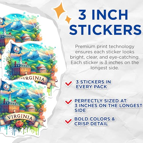 (3 Pack) Virginia Decals - State Pride Decal - Laptop Decal- 3 Inches On Longest Side - Easy Peel & Apply - Made in USA - 3MCS5633