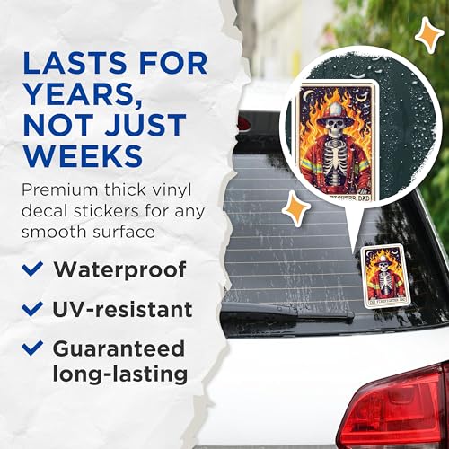 (2 Pack) Firefighter Dad Stickers - Skeleton Fireman - Funny Firefighter Decor - 5" On Longest Side - Sticks to Smooth Flat Surfaces - Made in USA - BMCS5408