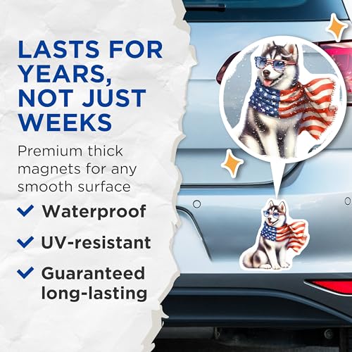 (2 Pack) Patriotic Husky Magnets - Dog Lover Magnet - American Flag Pet Decor - 5" On Longest Side - for Cars, Fridges, Toolboxes - Made in USA - MAG6862
