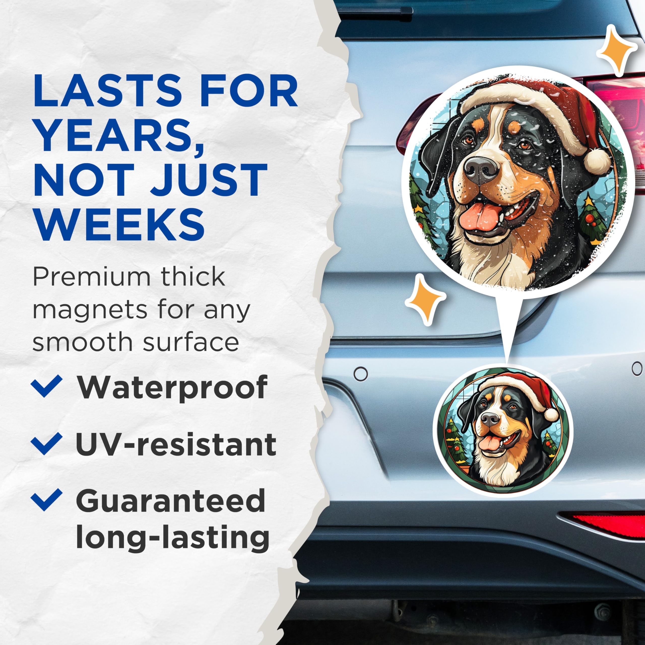 (2 Pack) Bernese Mountain Dog Christmas Magnets - Santa Hat Winter Dog Art - Pet Lover Fridge Decor - 5 Inches On Longest Side - Thick Durable Magnet - Made in USA - MAG30029