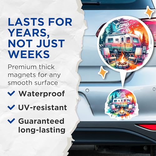 (2 Pack) Camp Life Magnets - Retro Camper Magnets - Colorful Camping Chair Magnets for Outdoor Enthusiasts - 5" On Longest Side - for Cars, Fridges, Toolboxes - Made in USA - MAG7245