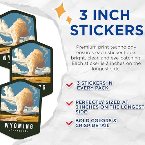 (3 Pack) Wyoming Decals - Cheyenne Stickers - Laptop Decal - 3 Inches On Longest Side - Easy Peel & Apply - Made in USA - 3MCS0391