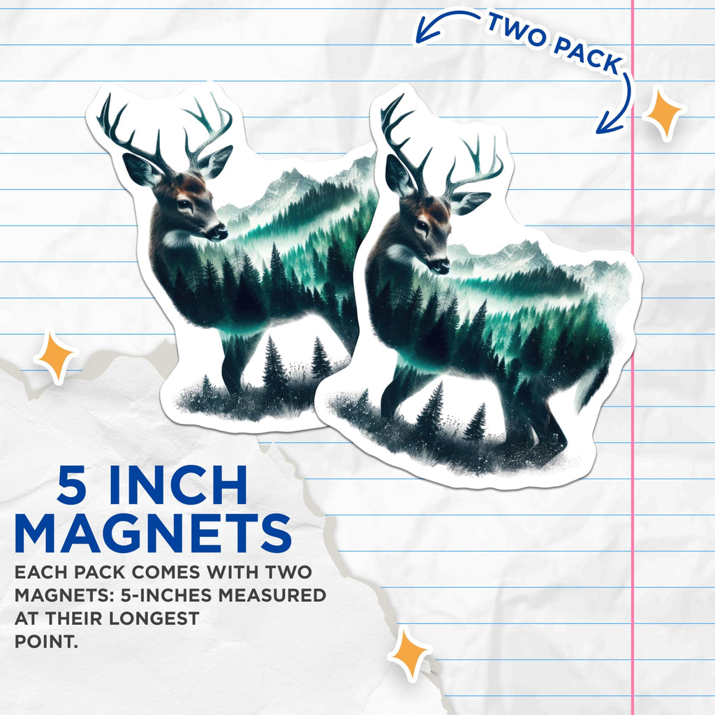 (2 Pack) Deer Scene Magnets - Mountain Forest Design - Nature Inspired Art Magnets - 5" On Longest Side - Premium Magnet - for Cars, Refrigerators, Toolboxes, Lockers - Made in USA - MAG15771