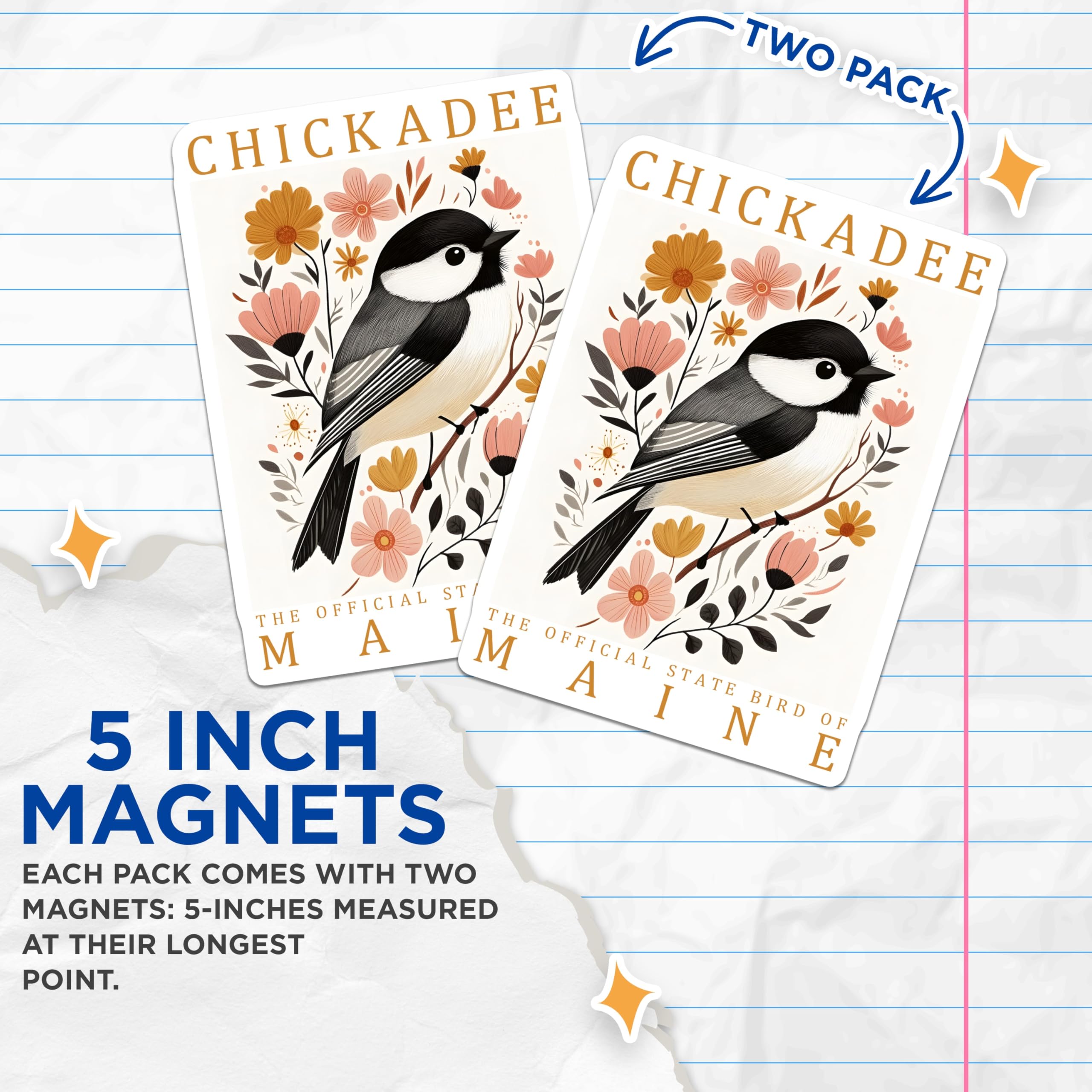 (2 Pack) Black Capped Chickadee Magnets - Maine State Bird Art - Botanical Floral Kitchen Decor - Nature Lover Fridge Accent - 5 Inches On Longest Side - Thick Durable Magnet - Made in USA - MAG19399