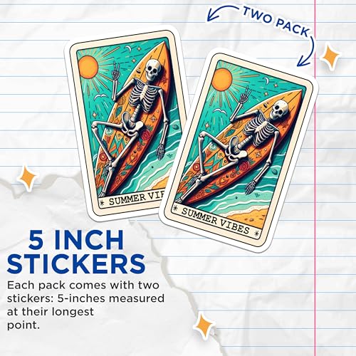 (2 Pack) Summer Vibes Skeleton Stickers - Surfing Skeleton Decal - Beach Life Skeleton Art - 5" On Longest Side - Sticks to Smooth Flat Surfaces - Made in USA - BMCS5330