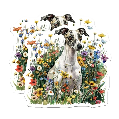 (2 Pack) Dog Stickers - Colorful Flowers Sticker - Cute Dog Illustration Stickers - 5" On Longest Side - Sticks to Smooth Flat Surfaces - Made in USA - BMCS6421