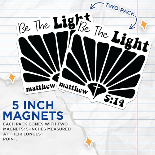 (2 Pack) Be The Light Magnets - Inspirational Quote Magnets - Matthew 5:14 Magnets - 5" On Longest Side - for Cars, Refrigerators, Toolboxes, Lockers - Made in USA BMCS3094