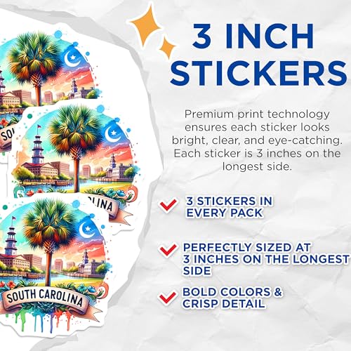(3 Pack) South Carolina Decals - Charleston SC - Laptop Decals- 3 Inches On Longest Side - Easy Peel & Apply - Made in USA - 3MCS5572