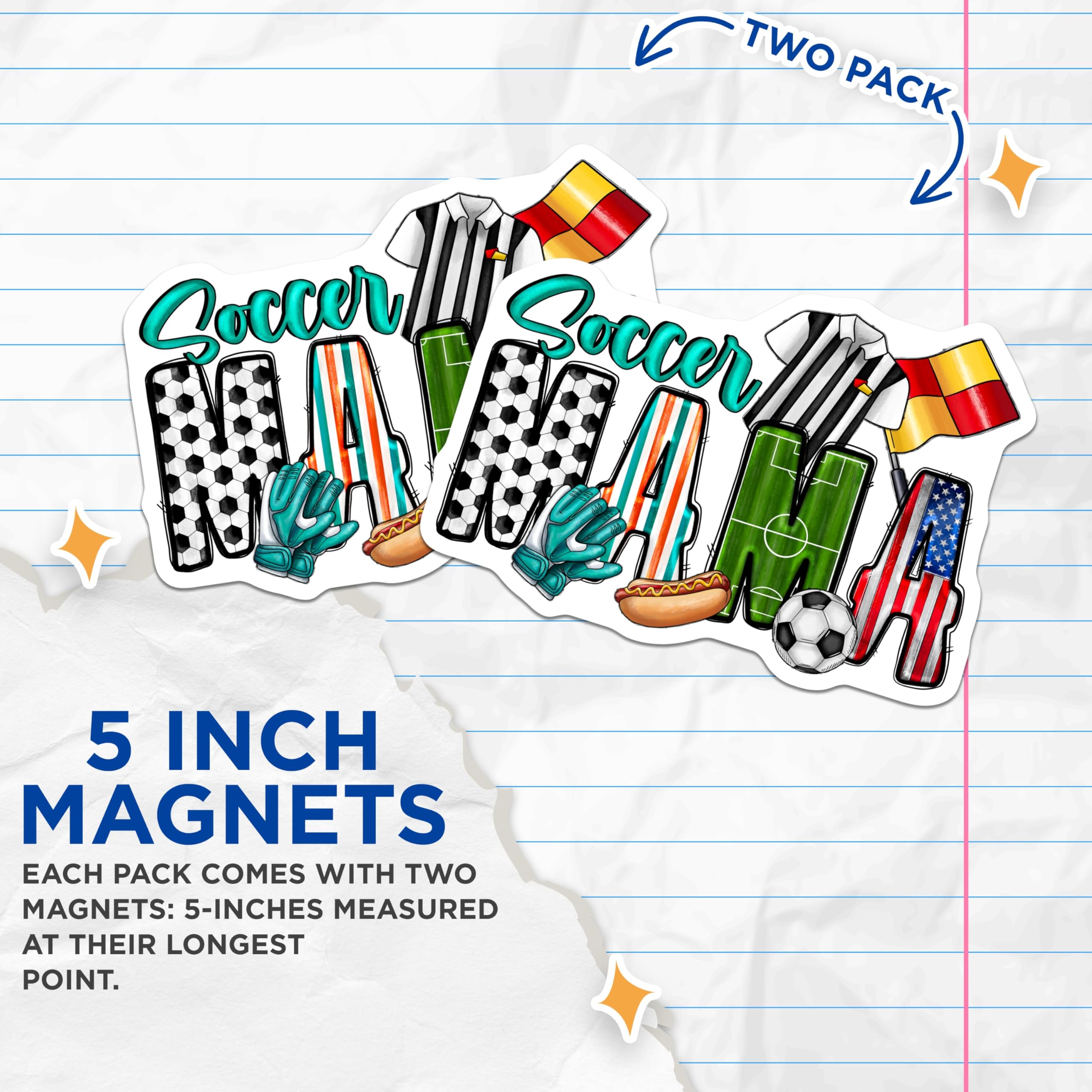 (2 Pack) Soccer Mama Magnets - Game Day Car Decor - US Flag Sports Fan - Hot Dog Referee Soccer Ball - 5 Inches On Longest Side - Thick Durable Magnet - Made in USA - MAG29665