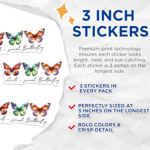 (3 Pack) Anti-Social Butterfly Decals - Quirky Decal - Colorful Insect Decals - 3 Inches On Longest Side - Easy Peel & Apply - Made in USA - 3MCS8496