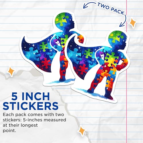 (2 Pack) Autism Awareness Puzzle Piece Stickers - Superhero Design - Colorful Vinyl - 5" On Longest Side - Sticks to Smooth Flat Surfaces - Made in USA - BMCS7890