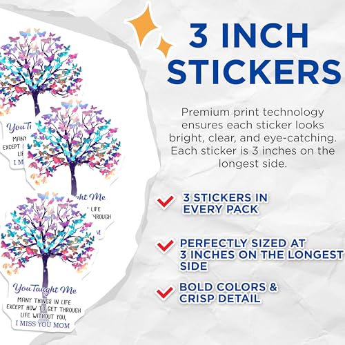 (3 Pack) Memorial Mom Decals - Butterfly Tree Art - Remembrance Decals - 3 Inches On Longest Side - Easy Peel & Apply - Made in USA - 3MCS4872
