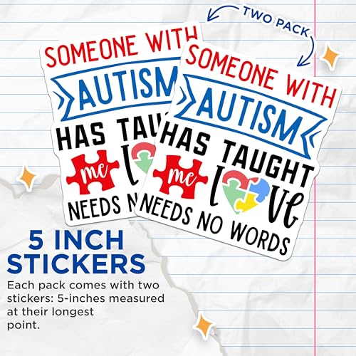 (2 Pack) Inspirational Autism Awareness Stickers - Love Needs No Words Stickers - Autism Puzzle Piece Stickers - 5" On Longest Side - Sticks to Smooth Flat Surfaces - Made in USA - BMCS4275