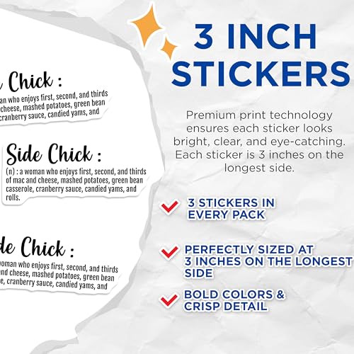(3 Pack) Side Chick Decals - Funny Foodie Decal - Mac and Cheese Lover - 3 Inches On Longest Side - Easy Peel & Apply - Made in USA - 3MCS7974