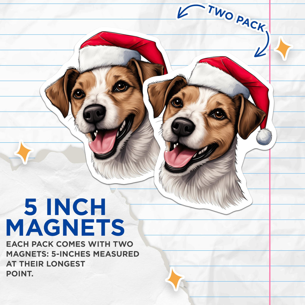 (2 Pack) Jack Russell Christmas Magnets - Santa Hat Dog Holiday Decor - Pet Lover Fridge Display - 5 Inches On Longest Side - Thick Durable Magnet - Made in USA - MAG29805
