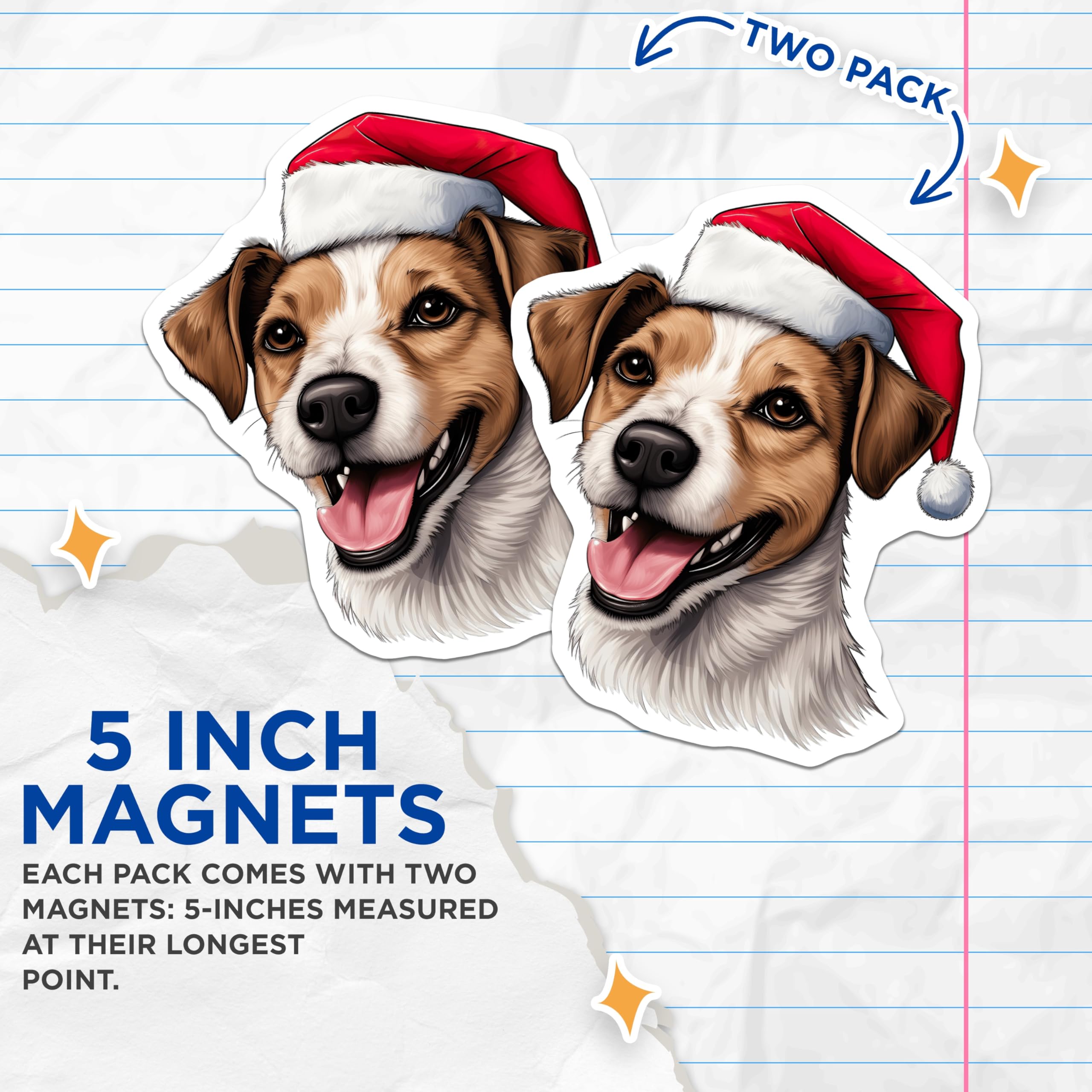 (2 Pack) Jack Russell Christmas Magnets - Santa Hat Dog Holiday Decor - Pet Lover Fridge Display - 5 Inches On Longest Side - Thick Durable Magnet - Made in USA - MAG29805