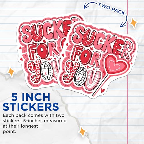(2 Pack) Sucker for You Stickers - Romantic Love Stickers - Valentine's Day Stickers - 5" On Longest Side - Sticks to Any Smooth Flat Surface - Made in USA - BMCS3374