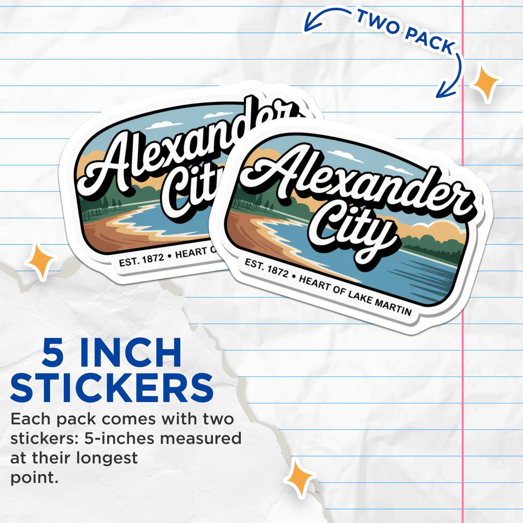 (2 Pack) Alexander City Stickers - Lake Martin Alabama Decals - Travel Souvenir Sticker - 5" On Longest Side - Sticks to Smooth Flat Surfaces - Made in USA - BMCS18758