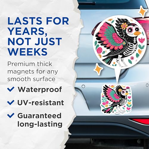 (2 Pack) Mexican Folk Art Decor Magnet - Sugar Skull Theme - Dia de Los Muertos Bird Decor - 5" On Longest Side - Sticks to Smooth Flat Surfaces - Made in USA - MAG9455