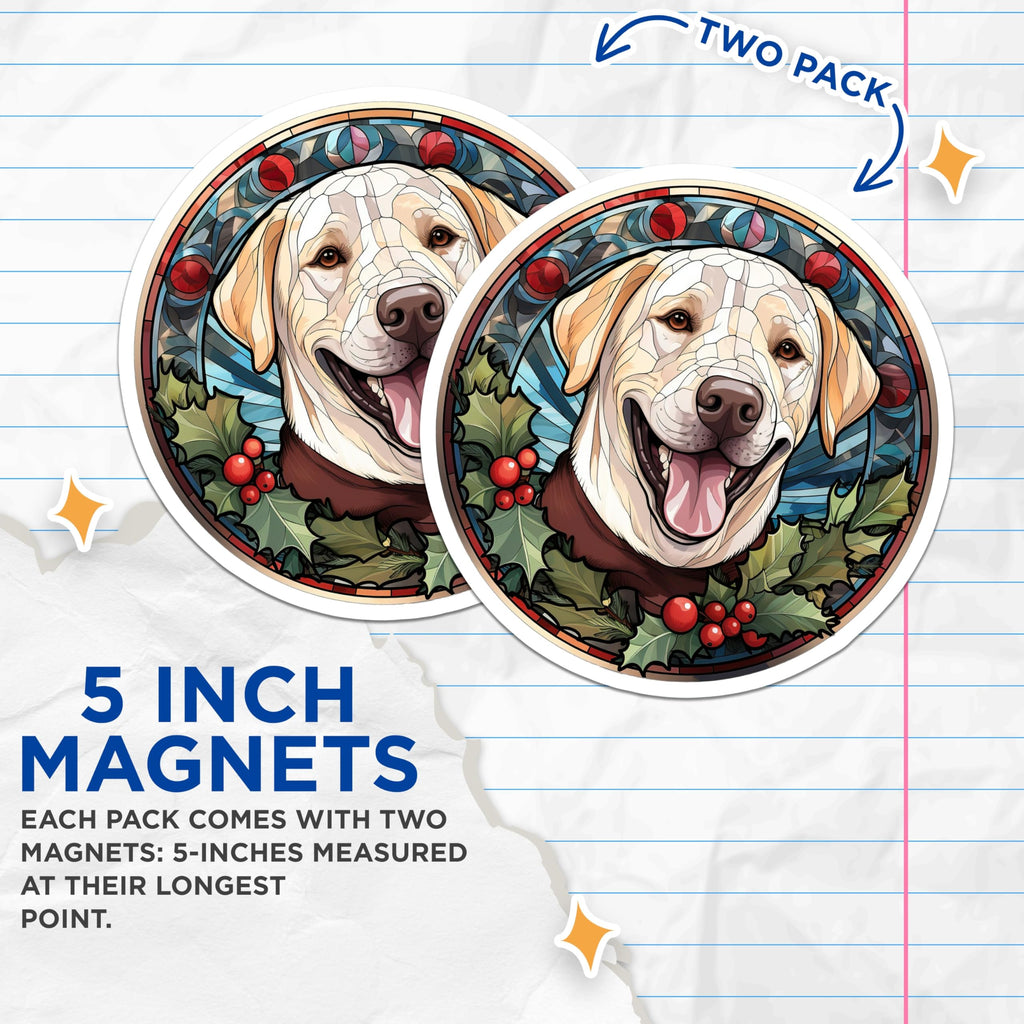 (2 Pack) Yellow Labrador Magnets - Stained Glass Dog Portrait - Merry Christmas Holiday Decor Pet Owners - 5 Inches On Longest Side - Thick Durable Magnet - Made in USA - MAG28208
