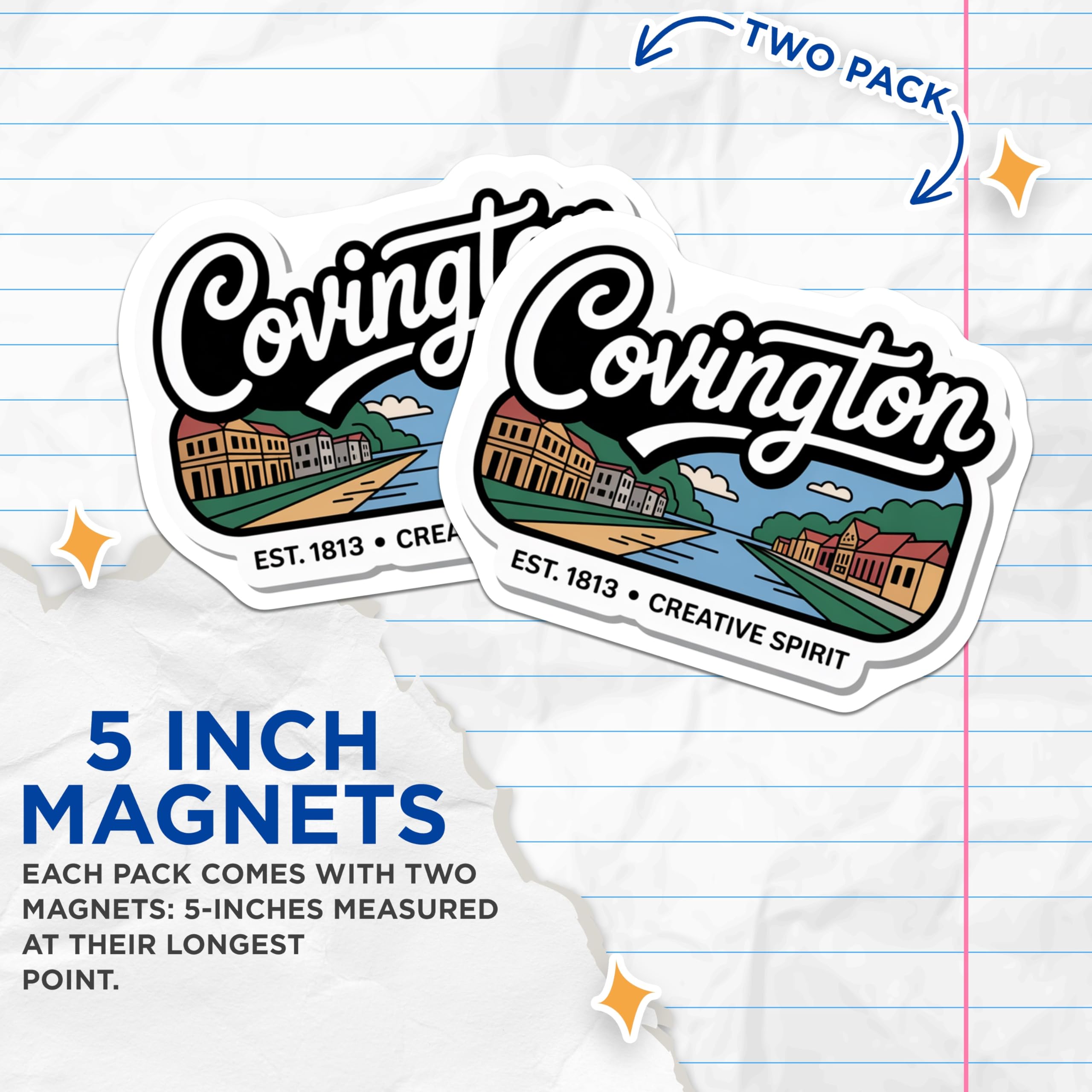 (2 Pack) Covington Magnets - Kentucky Souvenir - River City Decor - 5" On Longest Side - Premium Magnet - for Cars, Refrigerators, Toolboxes, Lockers - Made in USA - MAG18930