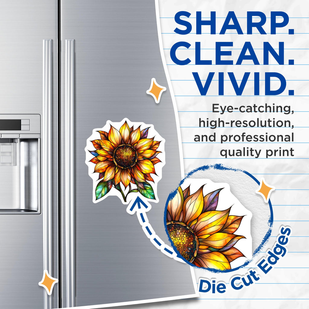 (2 Pack) Stained Glass Sunflower Magnets - Mosaic Style Floral Art - Vibrant Fridge Locker Accent Decor - 5 Inches On Longest Side - Thick Durable Magnet - Made in USA - MAG24924