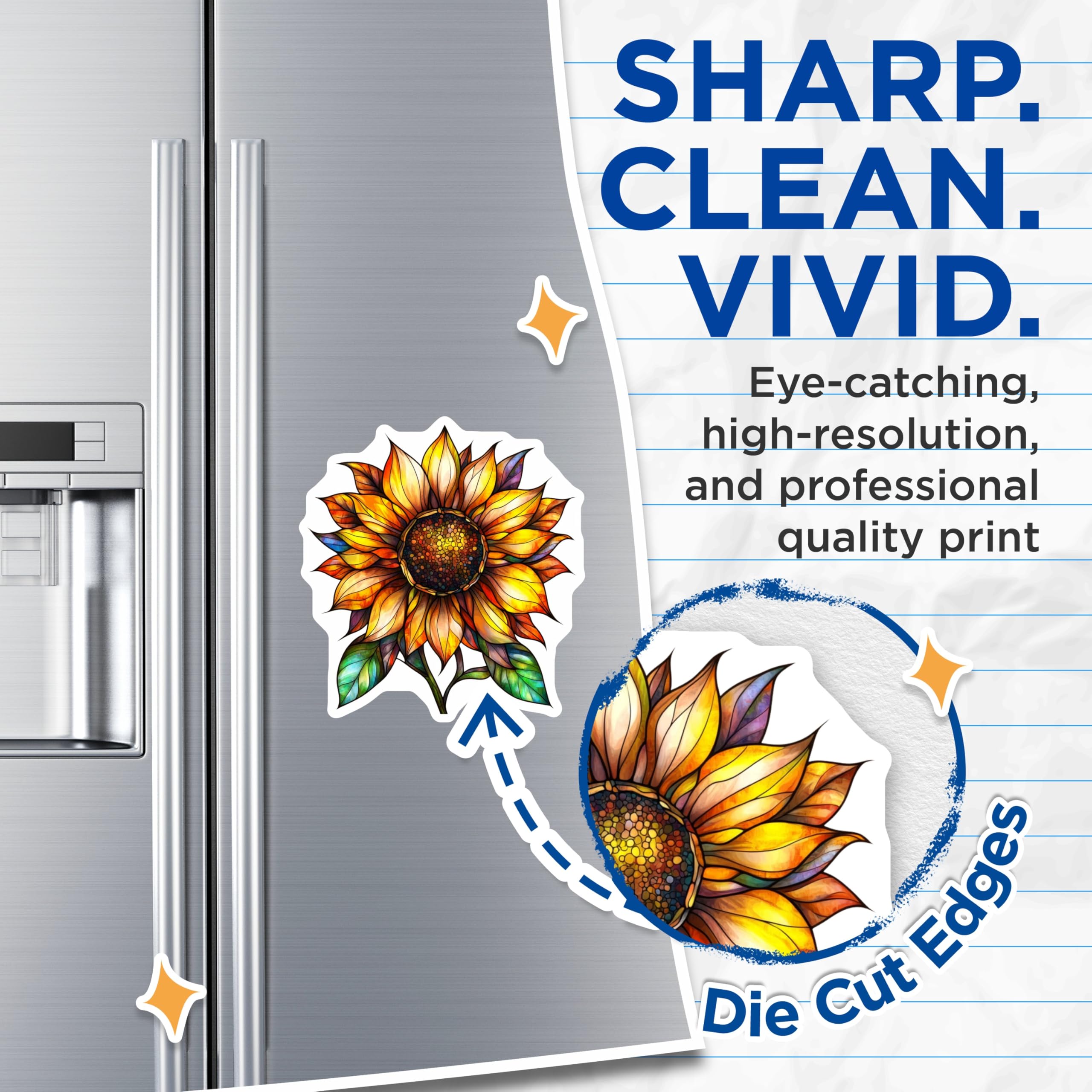 (2 Pack) Stained Glass Sunflower Magnets - Mosaic Style Floral Art - Vibrant Fridge Locker Accent Decor - 5 Inches On Longest Side - Thick Durable Magnet - Made in USA - MAG24924