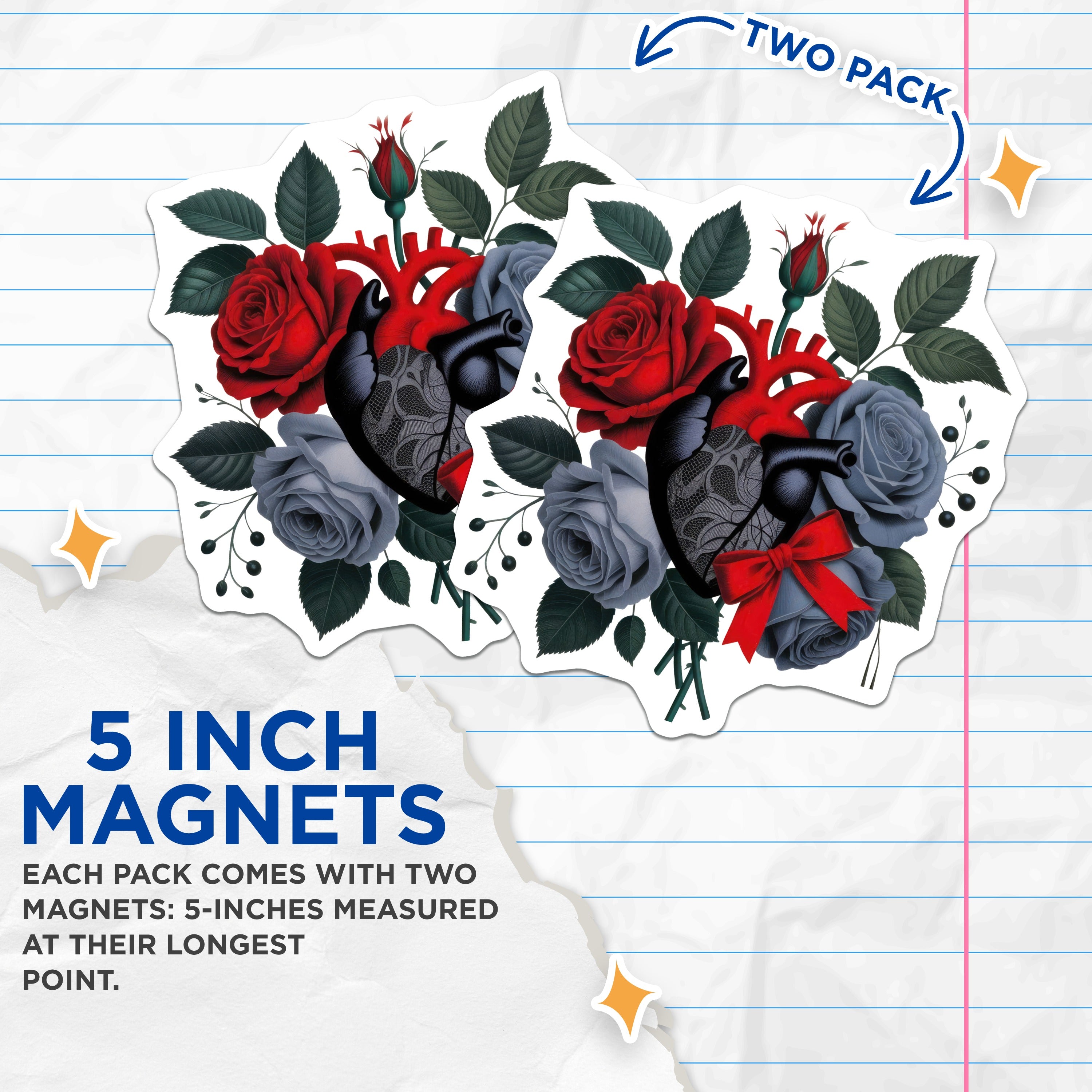 (2 Pack) Anatomical Heart Roses Magnets - Dark Academia Decor - Victorian Goth Art - 5 Inches On Longest Side - Thick Durable Magnet - Made in USA - MAG38542