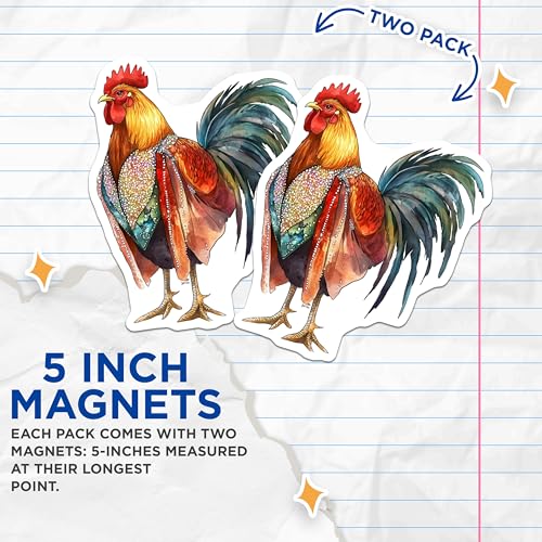 (2 Pack) Chicken Illustration Magnet - Farmhouse Kitchen Decor - Colorful Animal Art - 5" On Longest Side - Sticks to Smooth Flat Surfaces - Made in USA - MAG9513